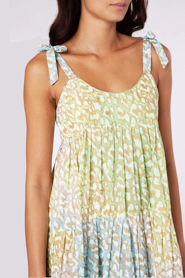 Tie Dye 70’s Sun Dress With Snow Leopard Print Green Lime/Turq - Dress