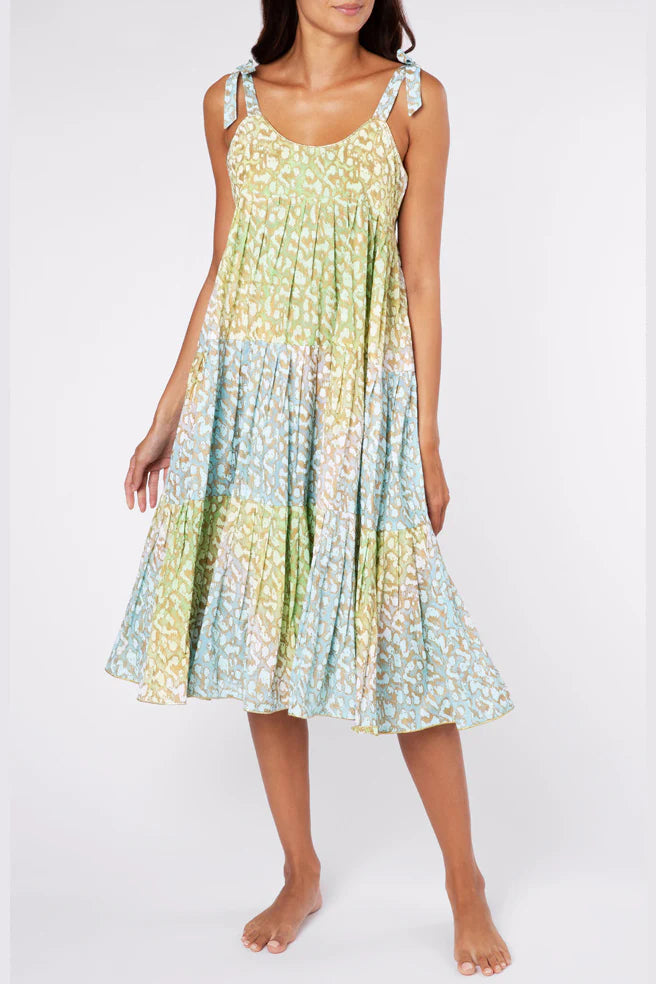 Tie Dye 70's Sun Dress With Snow Leopard Print Green Lime/Turq