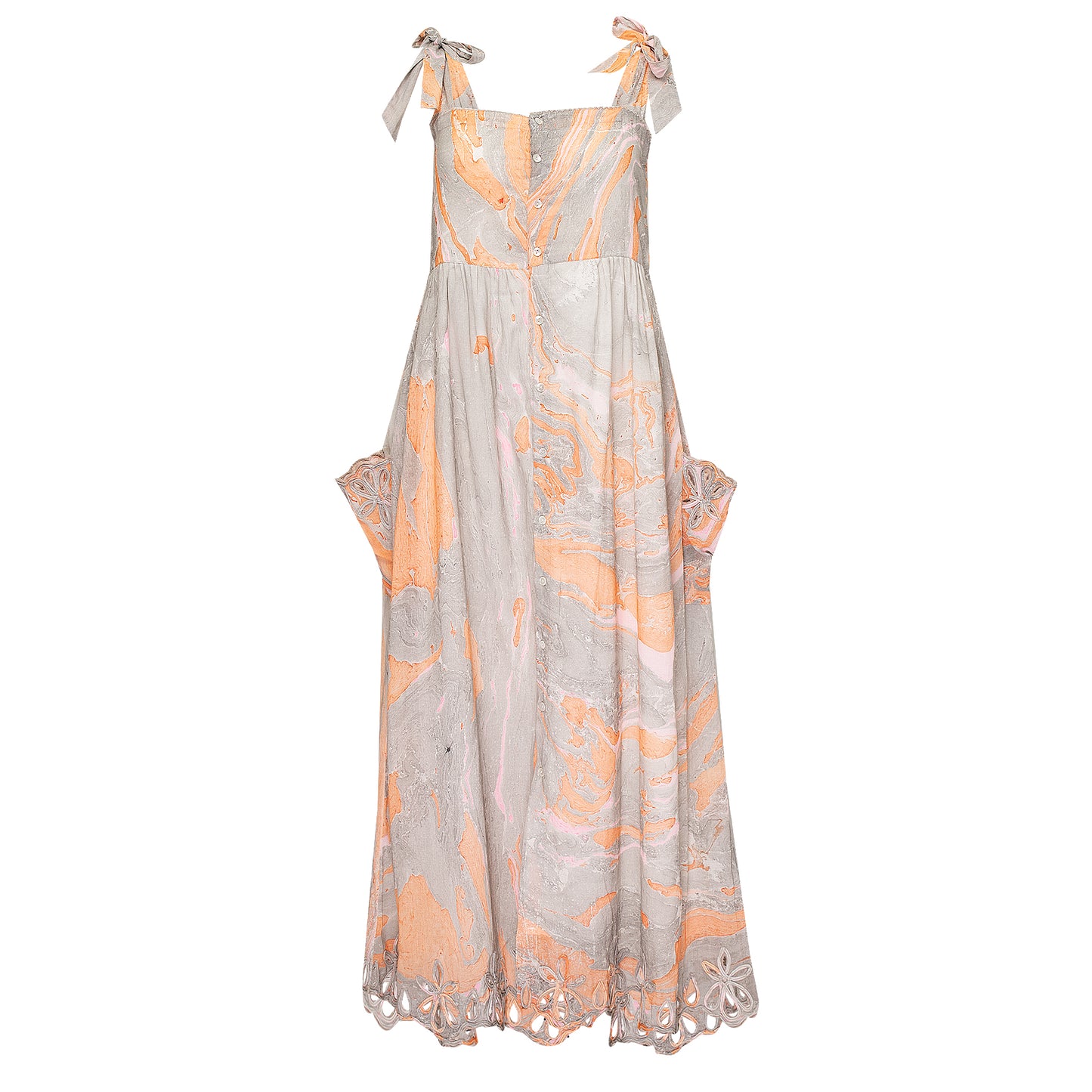 Marble Print Tie Shoulder Dress w/cut out Embro Blue/Peach