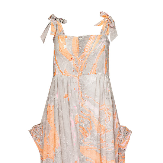 Marble Print Tie Shoulder Dress w/cut out Embro Pink/Peach