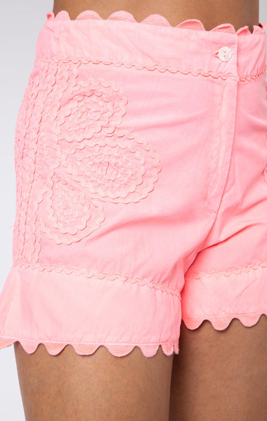 Neon Poplin High Waisted Shorts W/Ric Rac Embro Washed Coral - Shorts