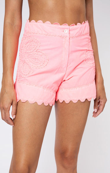 Neon Poplin High Waisted Shorts W/Ric Rac Embro Washed Coral - Shorts