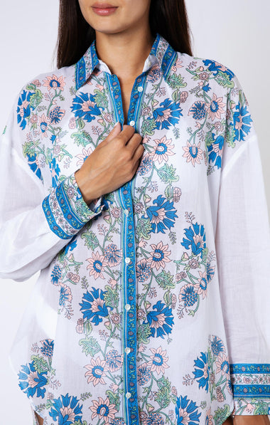 Shirt In Rose Border Print White/Sapphire/Coral - Top