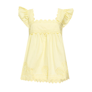 Poplin Baby Doll Top with Ric Rac Embroidery Lemon - Top
