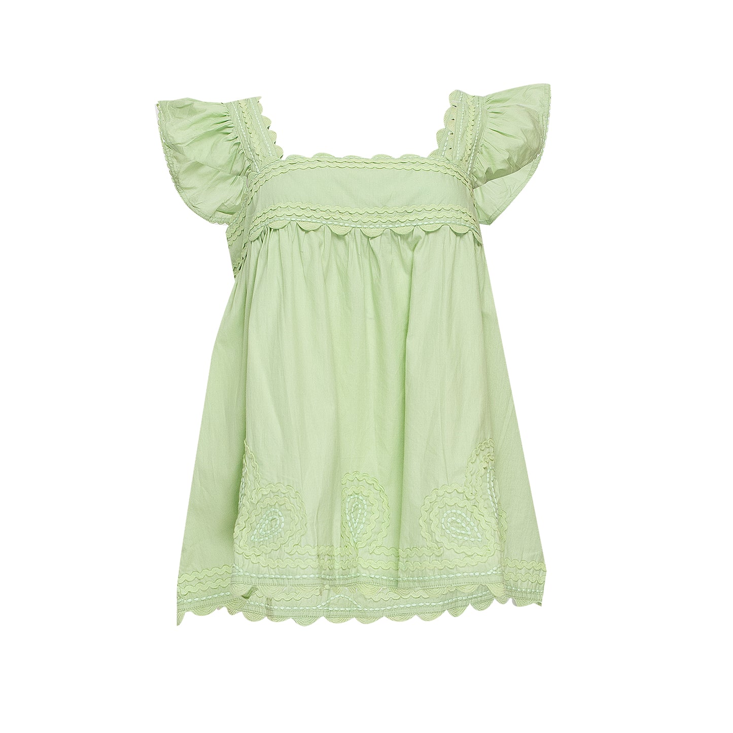 Load image into Gallery viewer, Poplin Baby Doll Top with Ric Rac Embroidery Sage - Top
