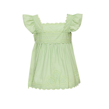 Poplin Baby Doll Top with Ric Rac Embroidery Sage - Top