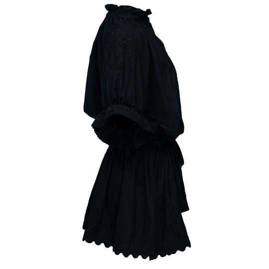 Load image into Gallery viewer, Poplin Blouson Dress With Ric Rac Embroidery Black
