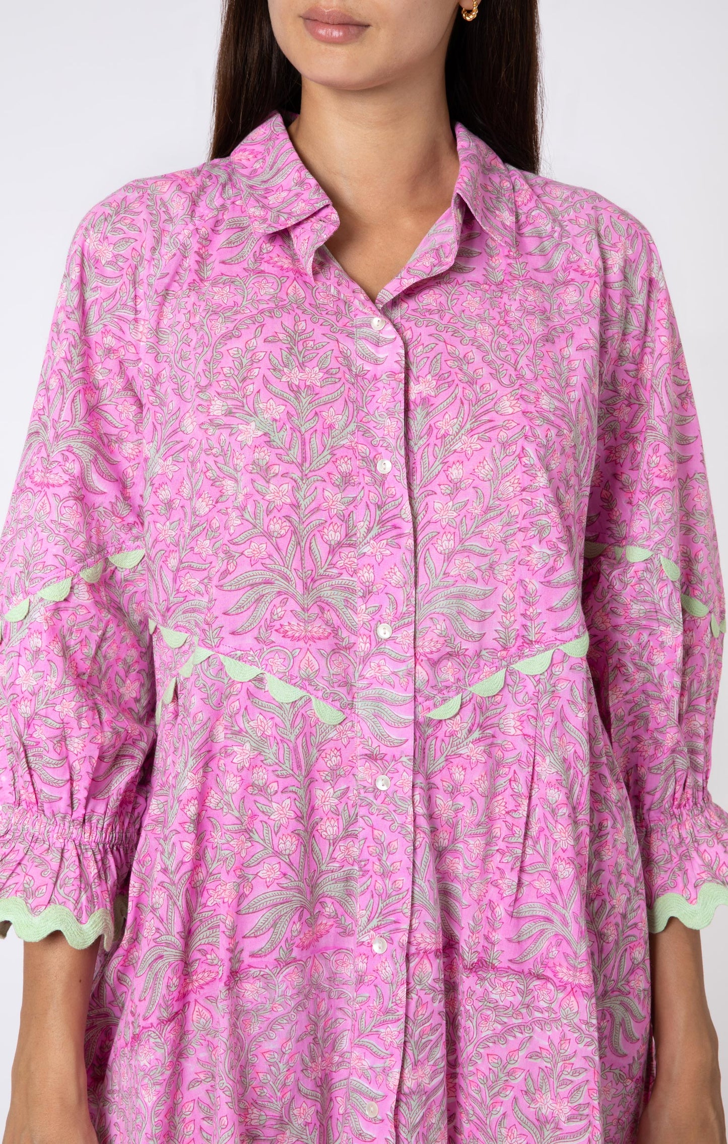 Load image into Gallery viewer, Floral Print Raglan Shirt Dress W/Ric Rac Trim Orchid/Mint - Dress
