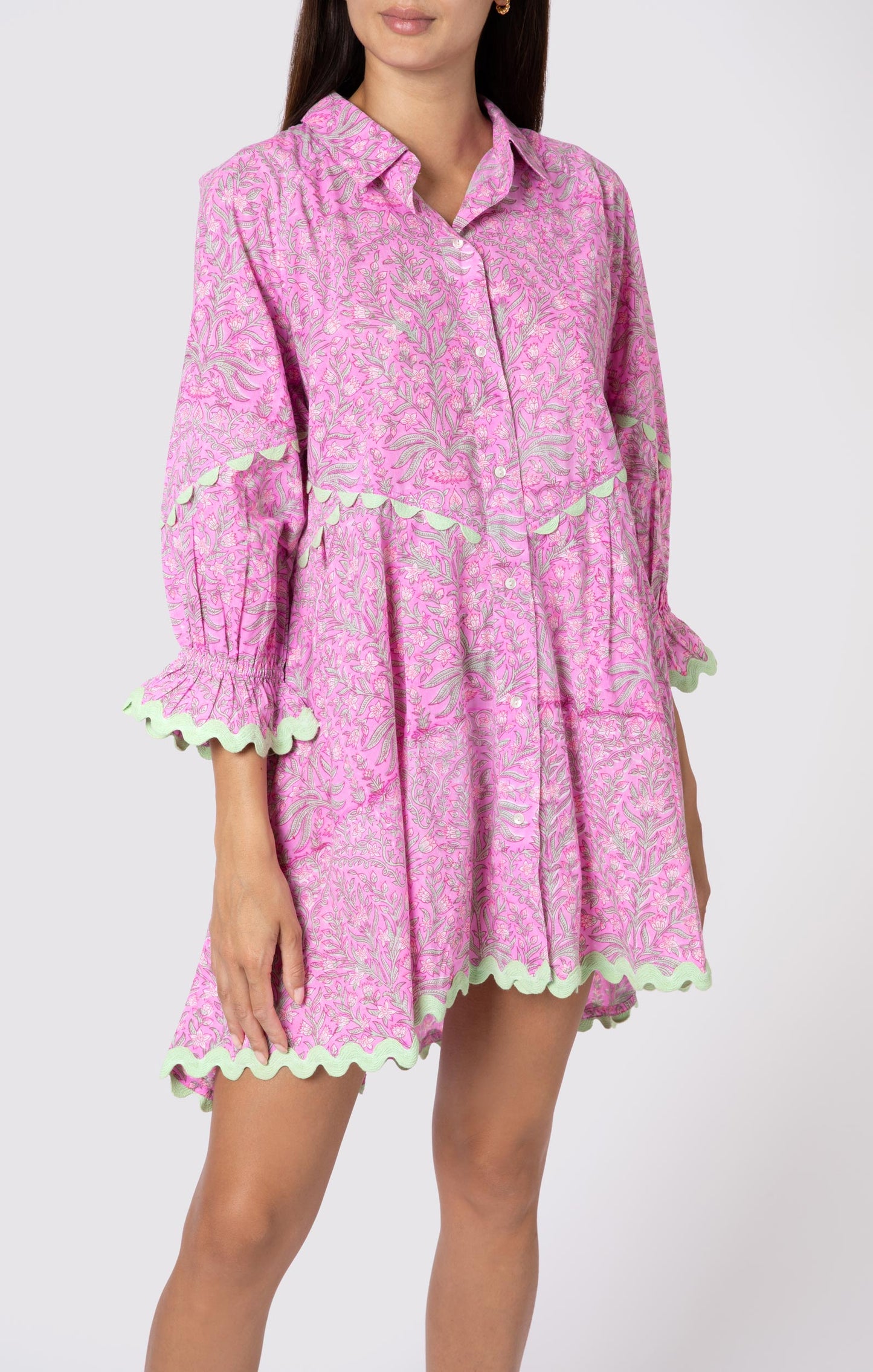 Load image into Gallery viewer, Floral Print Raglan Shirt Dress W/Ric Rac Trim Orchid/Mint - Dress
