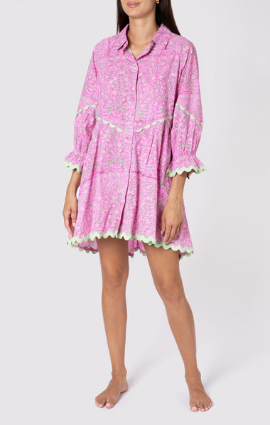 Floral Print Raglan Shirt Dress W/Ric Rac Trim Orchid/Mint - Dress