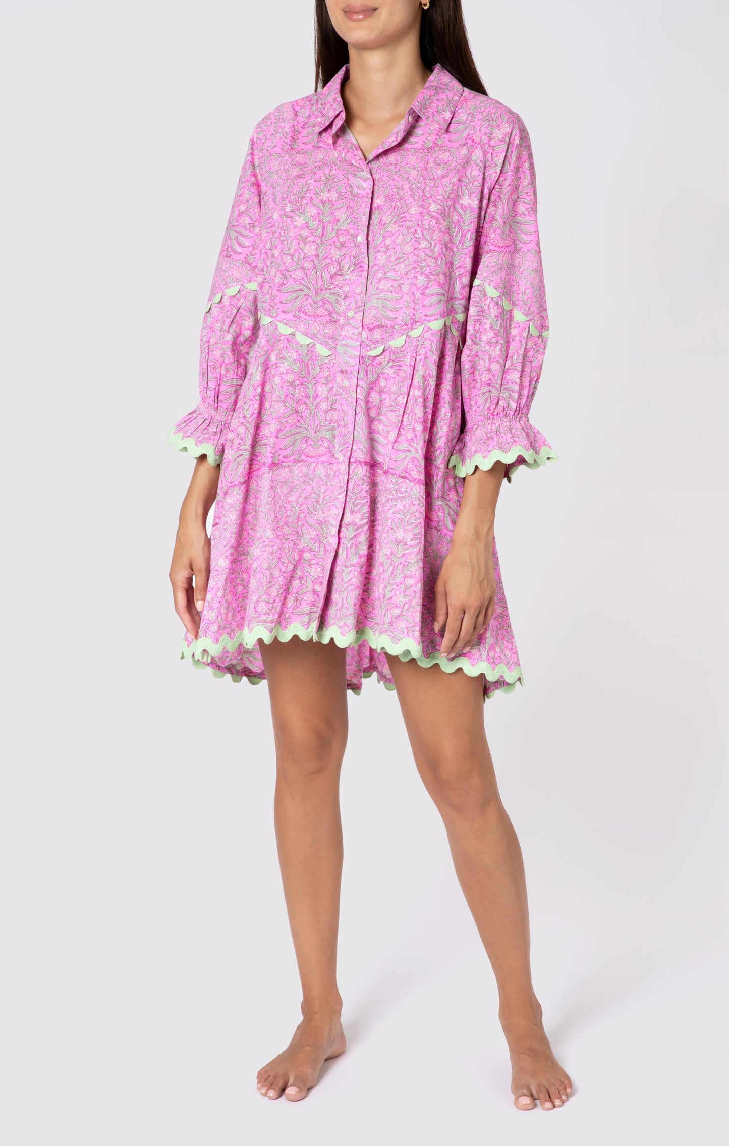 Load image into Gallery viewer, Floral Print Raglan Shirt Dress W/Ric Rac Trim Orchid/Mint - Dress
