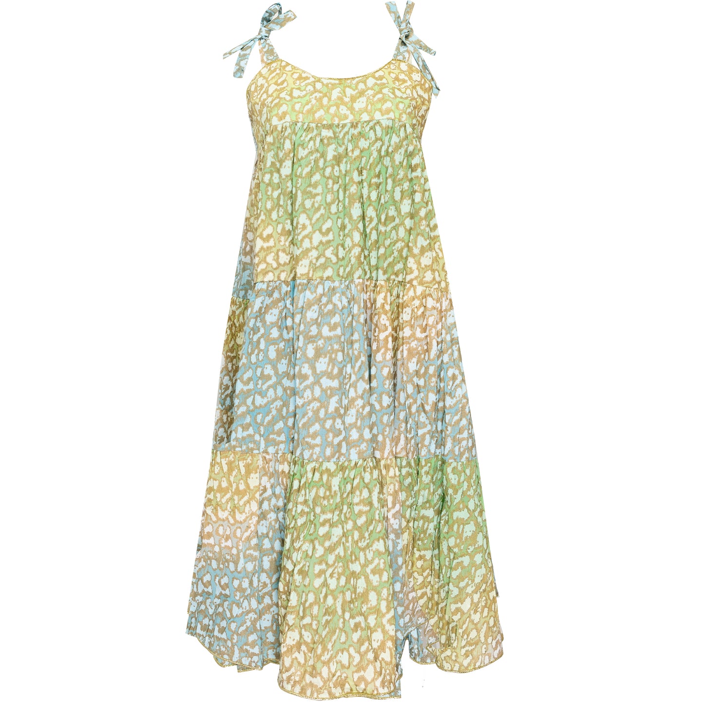 Tie Dye 70's Sun Dress With Snow Leopard Print Green Lime/Turq
