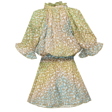 Tie Dye Blouson Dress With Snow Leopard Print Green Lime/Turq - Dress