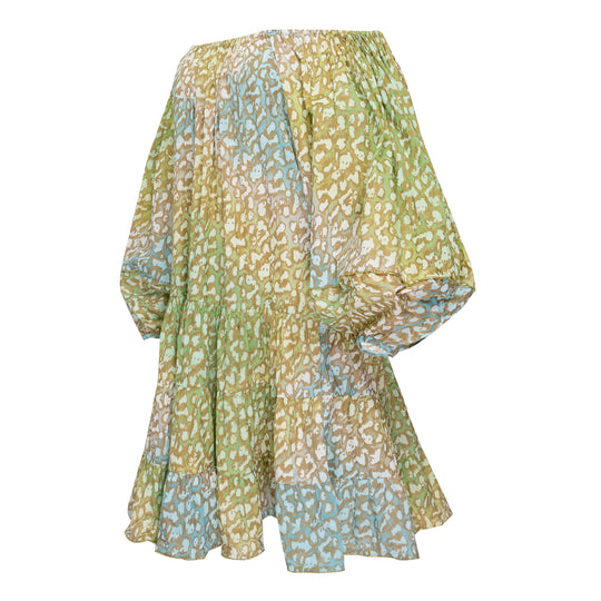 Tie Dye Boho Layer Dress With Snow Leopard Print Green Lime/Turq