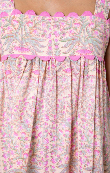 Floral Print Tie Baby Doll Dress W/Ric Rac Trim Peach/Pink - Dress