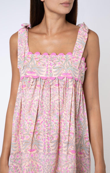 Floral Print Tie Baby Doll Dress W/Ric Rac Trim Peach/Pink - Dress