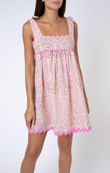 Floral Print Tie Baby Doll Dress W/Ric Rac Trim Peach/Pink - Dress
