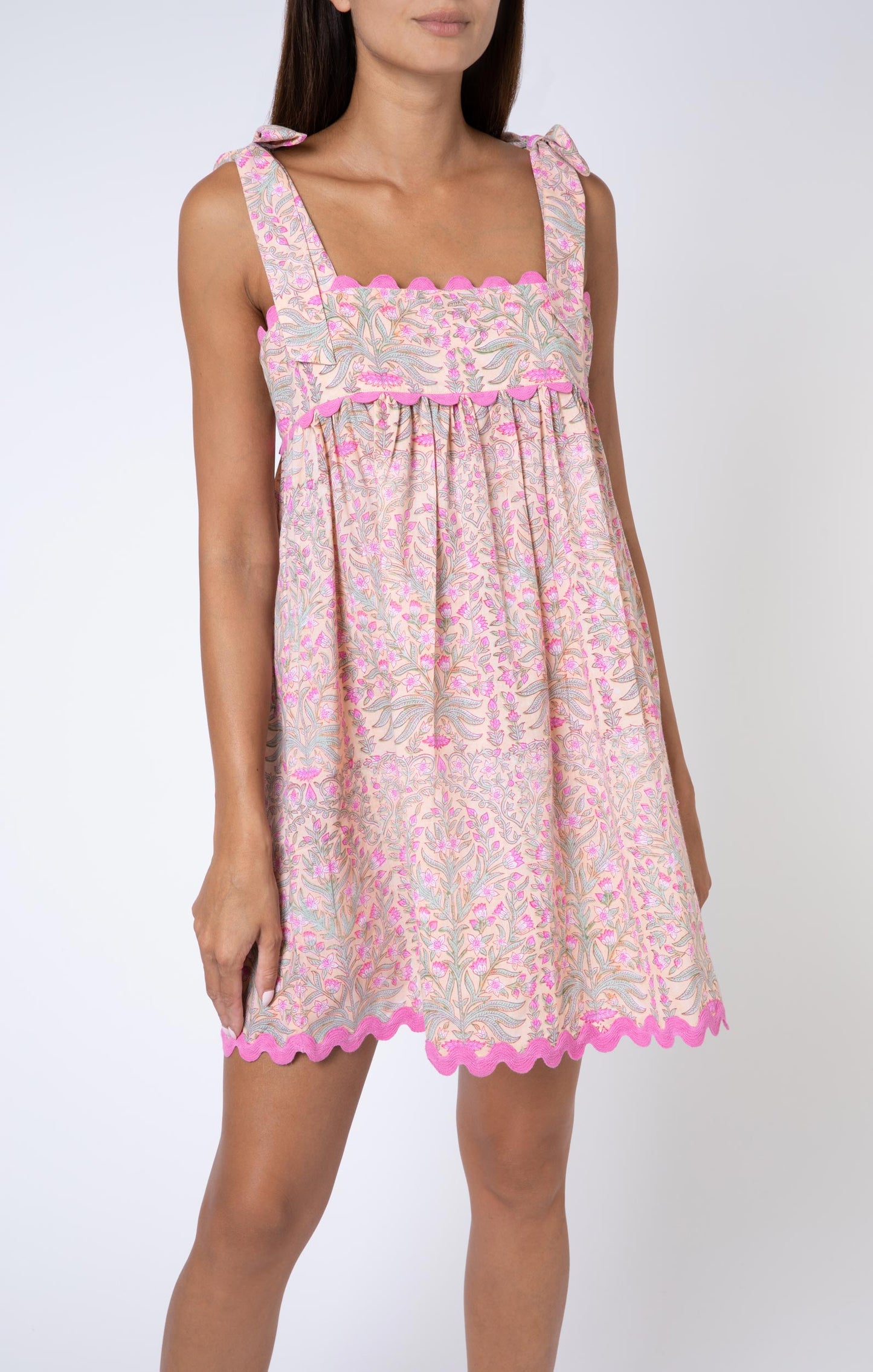 Load image into Gallery viewer, Floral Print Tie Baby Doll Dress W/Ric Rac Trim Peach/Pink - Dress
