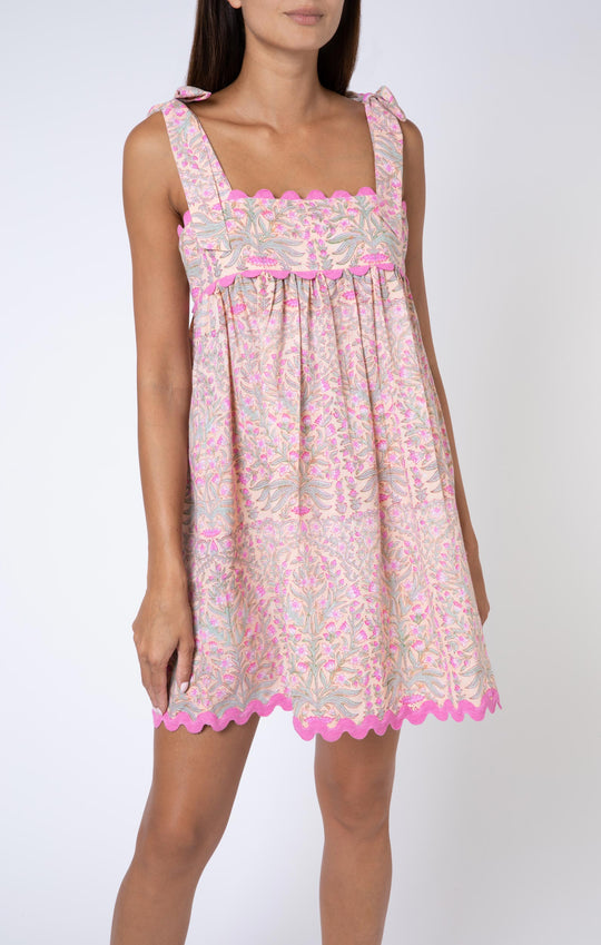 Floral Print Tie Baby Doll Dress W/Ric Rac Trim Peach/Pink