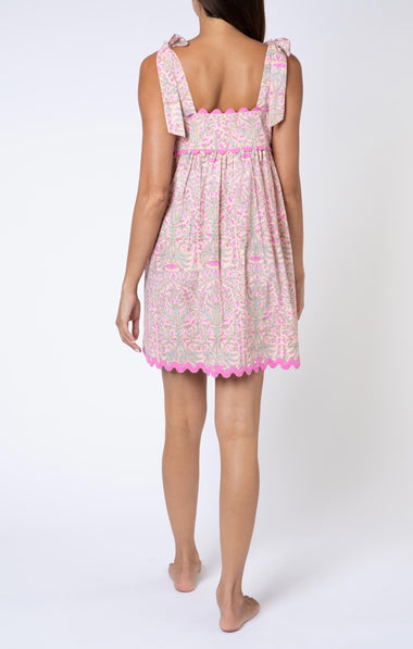 Floral Print Tie Baby Doll Dress W/Ric Rac Trim Peach/Pink - Dress