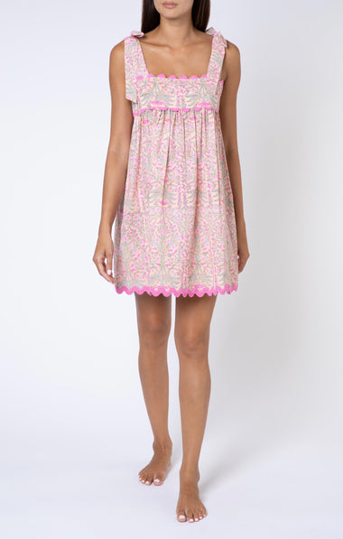 Floral Print Tie Baby Doll Dress W/Ric Rac Trim Peach/Pink - Dress