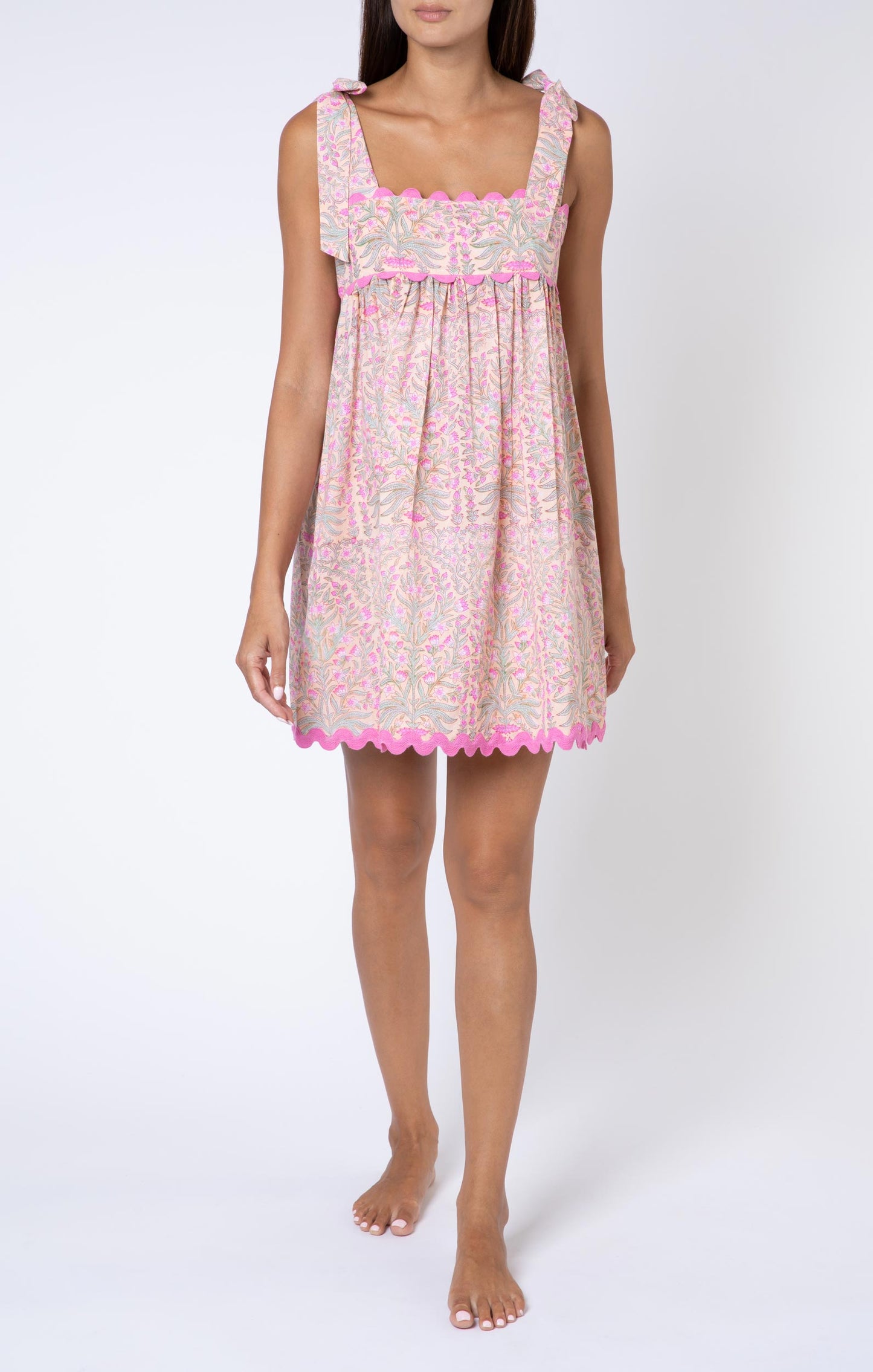 Load image into Gallery viewer, Floral Print Tie Baby Doll Dress W/Ric Rac Trim Peach/Pink - Dress
