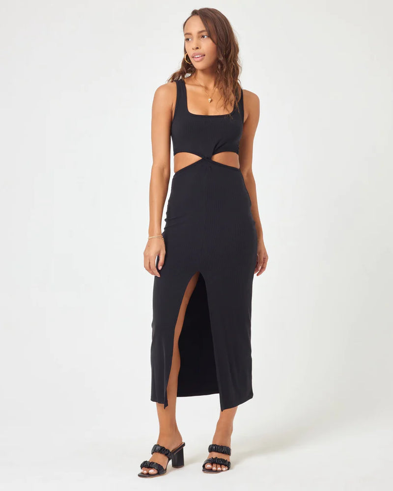Black Ribbed Midi Dress with Centre Slit
