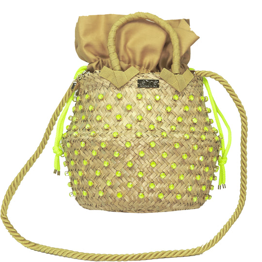 Yellow basket bag with removable rope shoulder strap