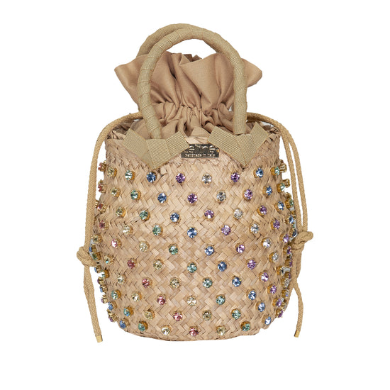 Straw Bucket Bag with Pastel Crystals