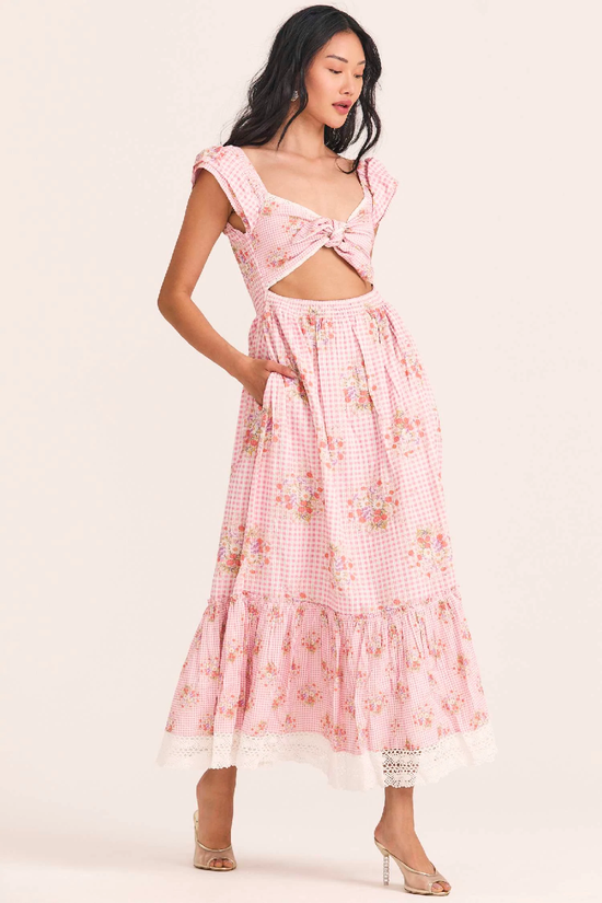 Cut Out Maxi Dress in Pink Floral Gingham