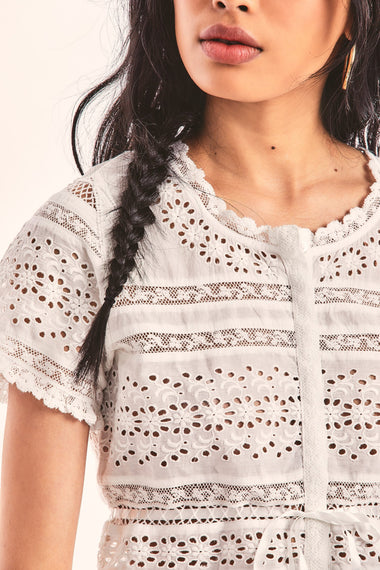 Womens White Lace Top with Eyelet Detail