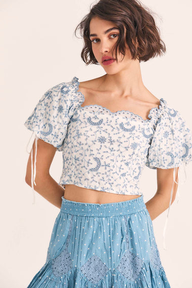 Embroidered Puff Sleeve Crop Top