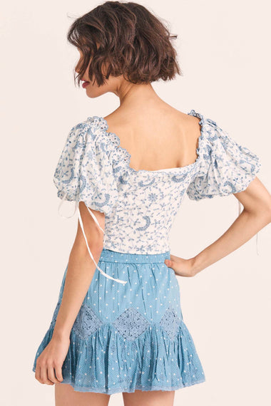 Top with Intricate Contrast Crescent Floral Embroidery