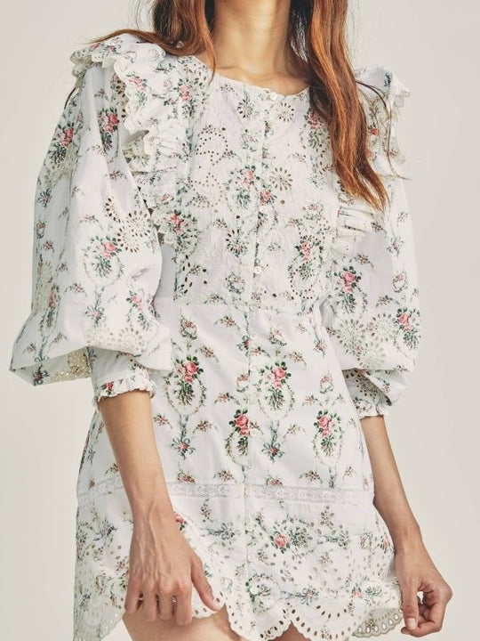 Mini Floral Dress with Eyelet Details 