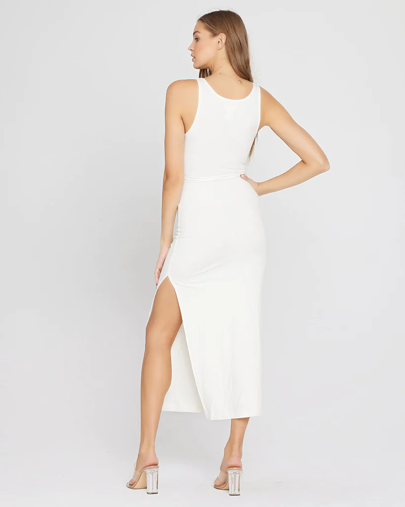 Load image into Gallery viewer, Ribbed Cream Midi Dress with Slit On One Side
