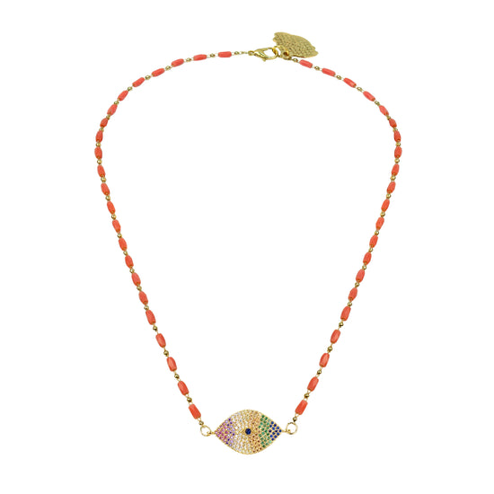 Load image into Gallery viewer, Coral Necklace With Multicoloured Evil Eye
