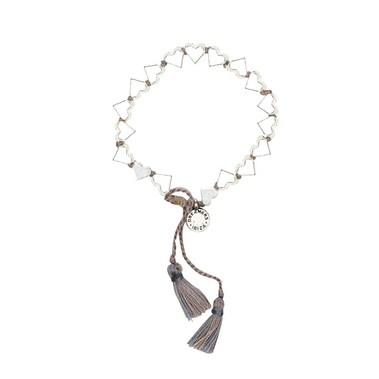 Silver Thick Heart Bracelet With Brown/Grey Tassel