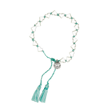Silver Thick Heart Bracelet With White/Green Tassel - Bracelet