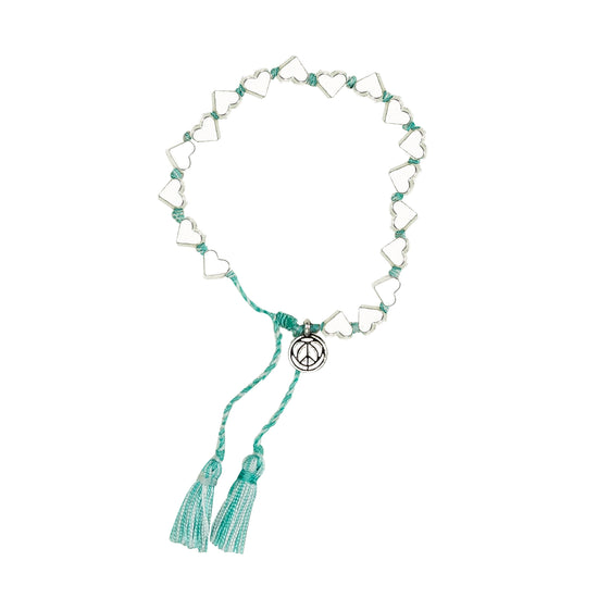 Silver Thick Heart Bracelet With White/Green Tassel