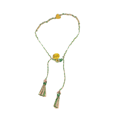 Single Gold Heart Bracelet With Light Pink/Green Tassel - Bracelet