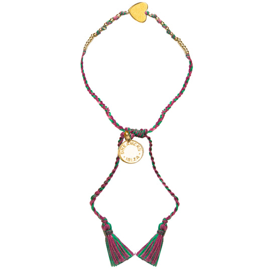 Single Gold Heart Bracelet With Magenta/Green Tassel