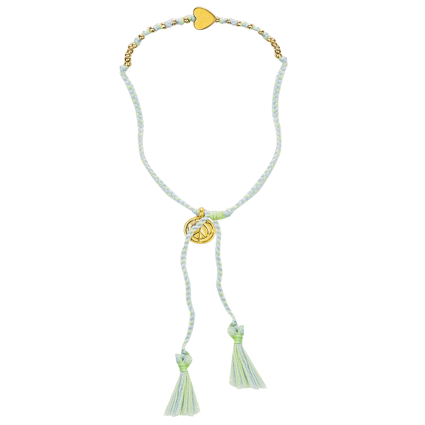 Single Gold Heart Bracelet With Pale Green Tassel