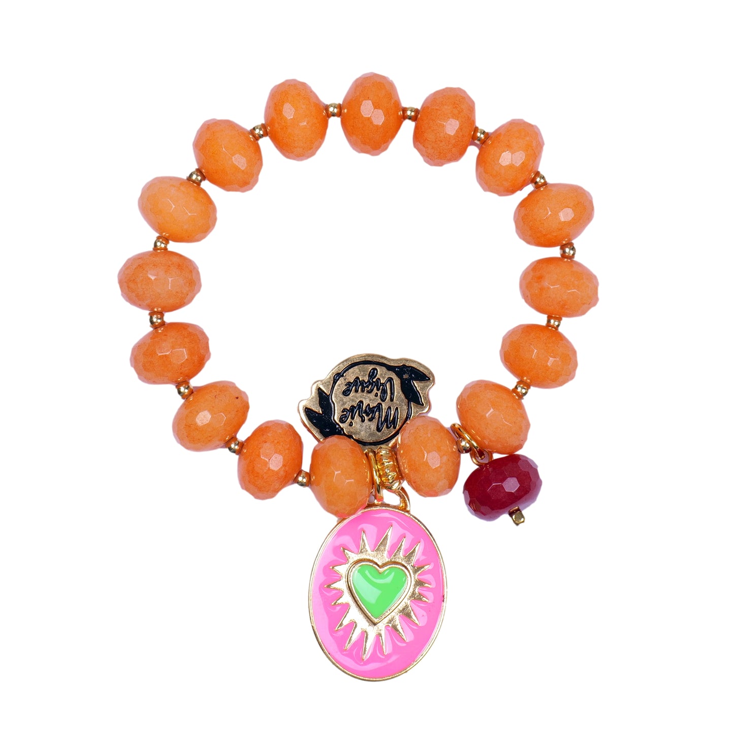 Load image into Gallery viewer, Sun Colour Bracelet Orange/Pink With Green Heart

