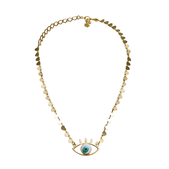 White Greek Eye Necklace With Heart Chain