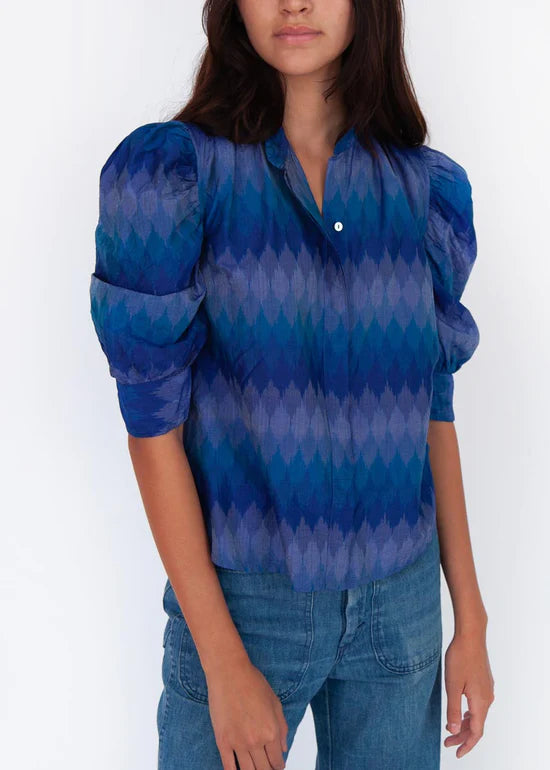 Load image into Gallery viewer, Blue Puff Sleeve Top in Ikat Print
