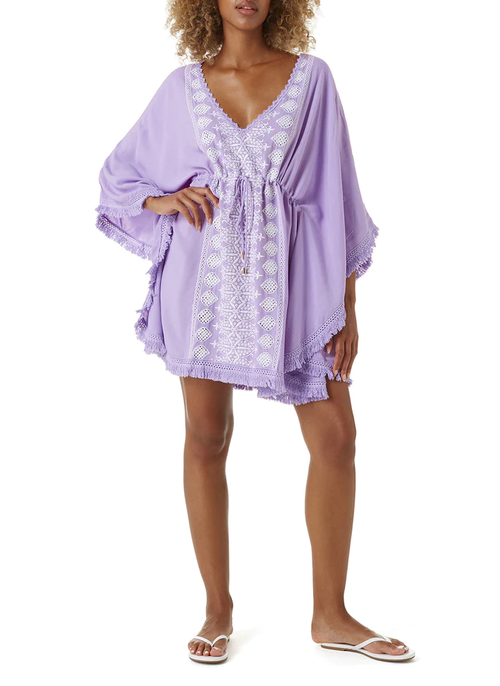 Embroidered Short Kaftan in Lavender/White