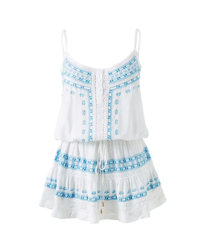 Luxury White Summer Mini Dress - Boho Karen Dress White/Aqua