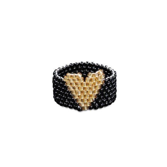 Glass Beads Black With Gold Heart Ring