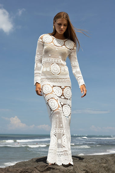 Long Sleeved Crochet Dress in White