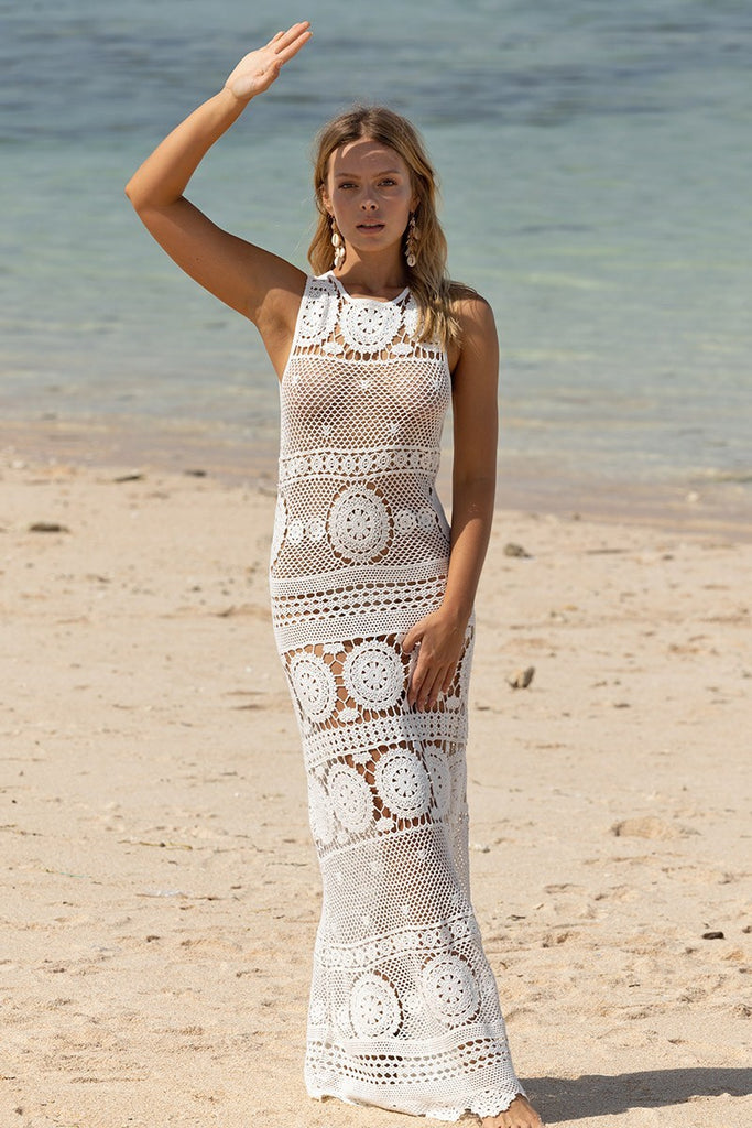 Womens White Crochet Beach Dress Keyhole Back Dress in White
